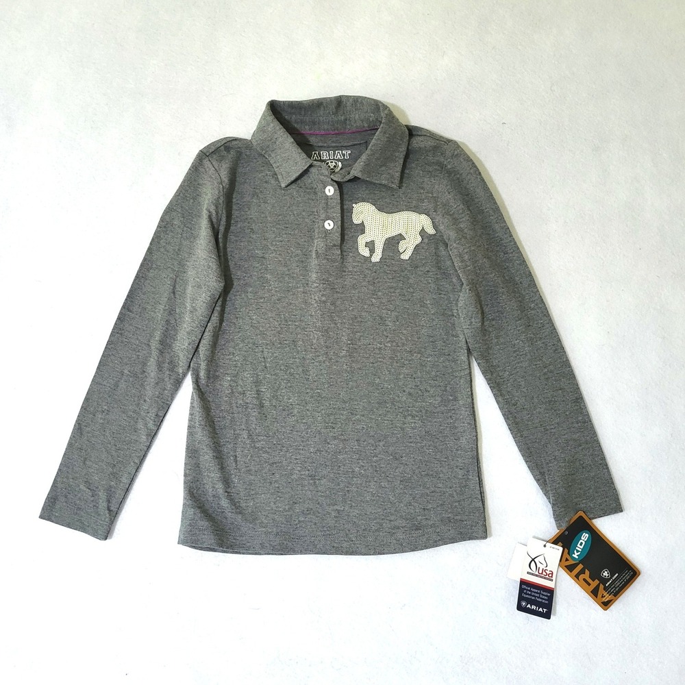 Ariat Kids Gray Sequin Horse Long Sleeve Polo Shirt XS 7 Equestrian Cotton
